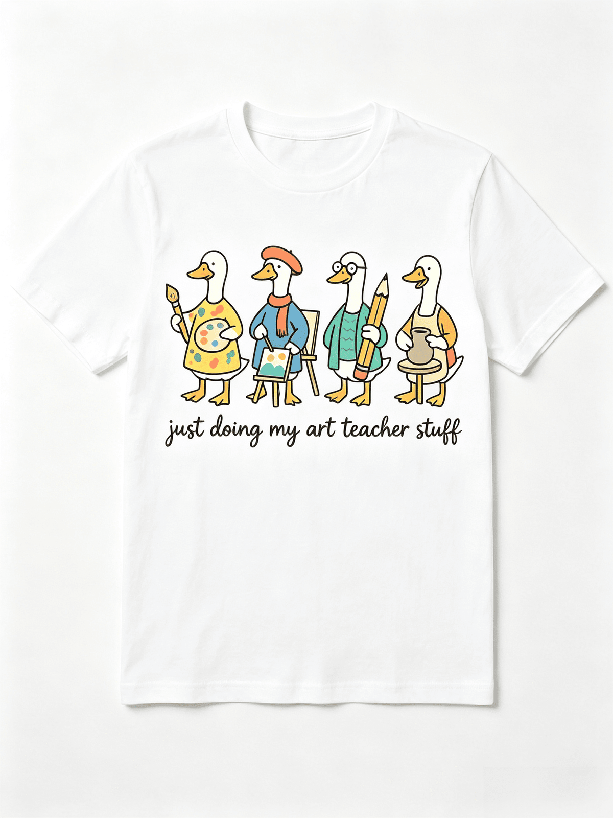 Women's Art Teacher T-Shirt Cute Geese With Paint Palette Easel Pencil Pottery Just Doing My Art Teacher Stuff Graphic Short Sleeve Tee