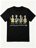 Women's Art Teacher T-Shirt Cute Geese With Paint Palette Easel Pencil Pottery Just Doing My Art Teacher Stuff Graphic Short Sleeve Tee