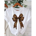 Women's Casual T-Shirt with Leopard Print Bow Graphic, Soft Cotton Short Sleeve Crewneck for Summer, Shortsleeve, T Shirts For Women