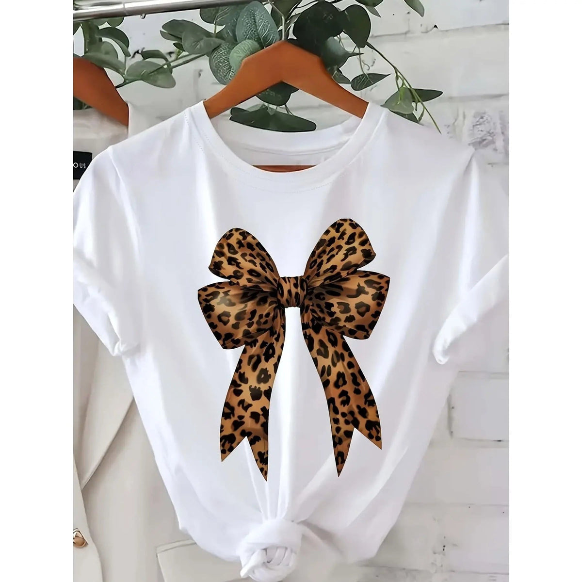 Women's Casual T-Shirt with Leopard Print Bow Graphic, Soft Cotton Short Sleeve Crewneck for Summer, Shortsleeve, T Shirts For Women