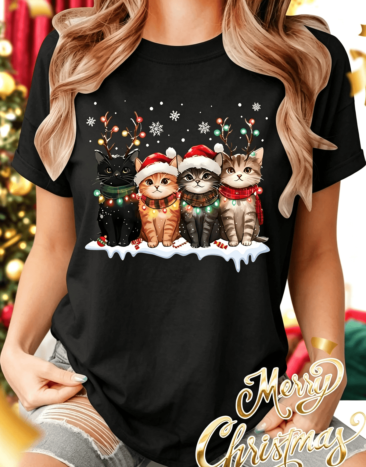 Women's Christmas Cute Cats Graphic Crew‑Neck Short Sleeve T‑Shirt,Santa Hat & Xmas Light Print Holiday Top for Christmas Party