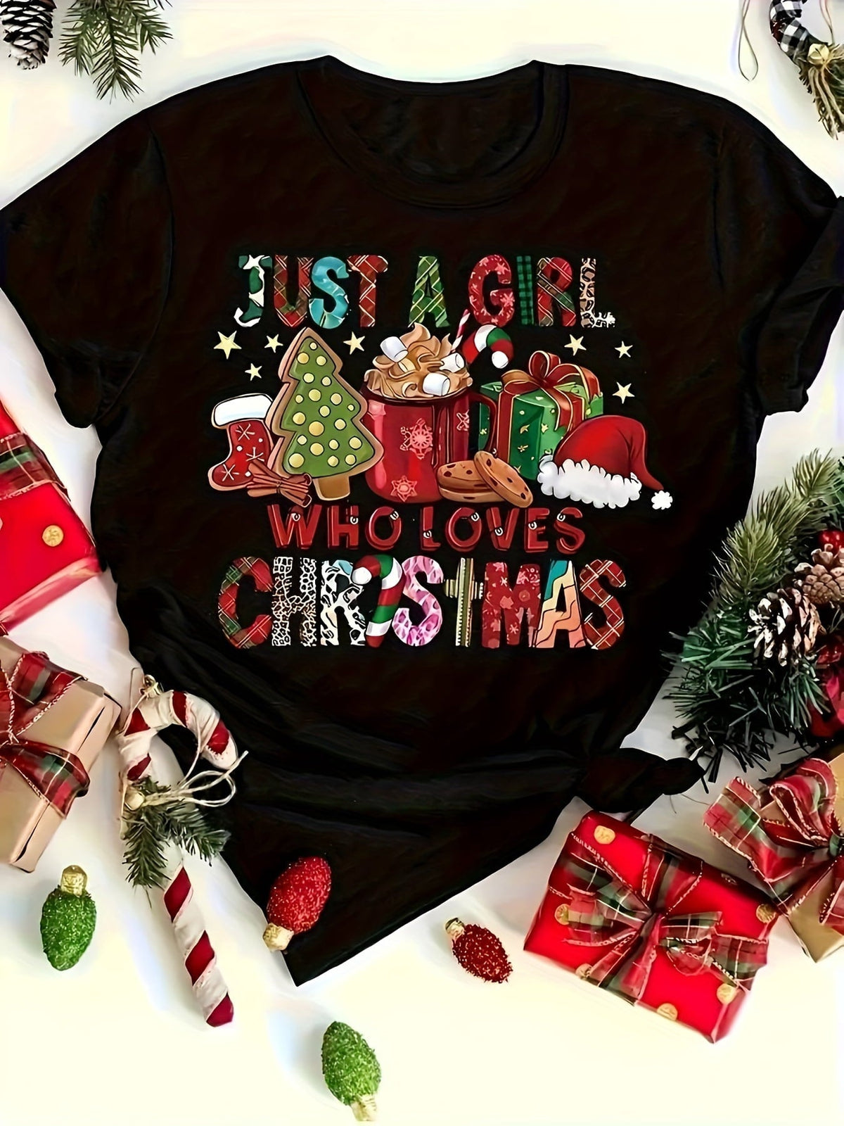 Women's Christmas Graphic Crew-Neck T-Shirt, Just a Girl Who Loves Christmas Print Short-Sleeve Tee, Festive Holiday Casual Top for Winter Women Clothing