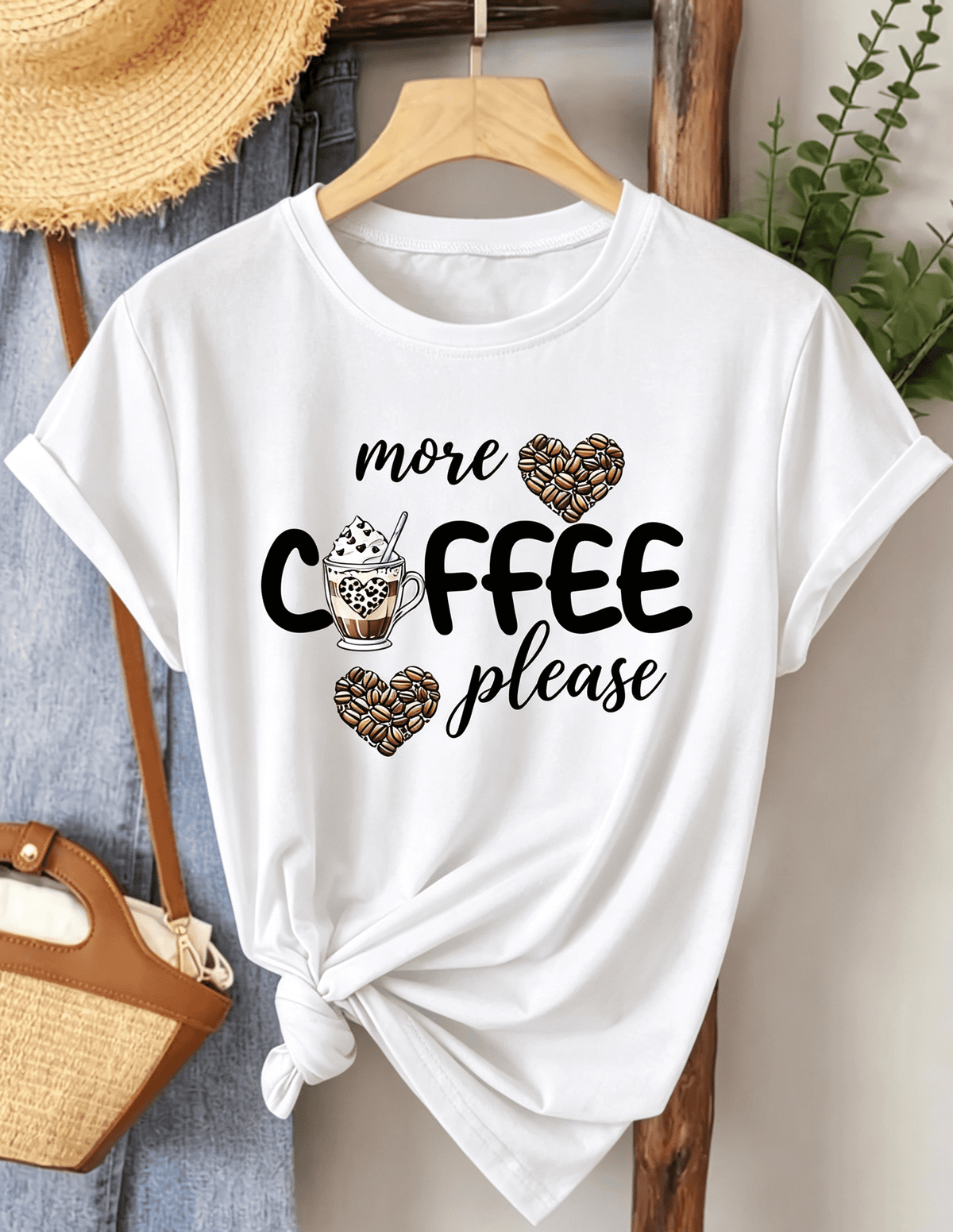 Women's More Coffee Please Graphic Crew-Neck T-Shirt, Coffee Lover Print Short-Sleeve Tee, Casual Elegant Retro Top for Commute Vacation Spring Summer