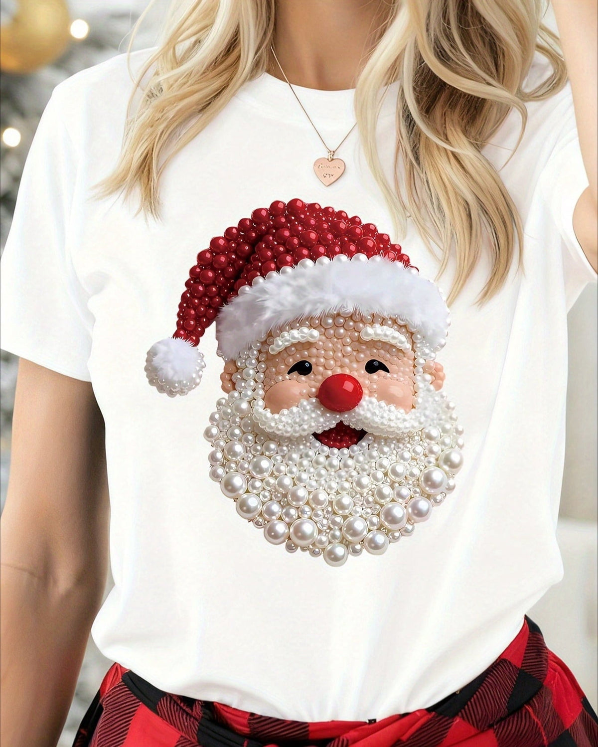 Women's Faux Pearl‑Effect Santa Claus Graphic Crew‑Neck Short‑Sleeve T‑Shirt, Printed Imitation Beaded Santa Holiday Casual Top for Christmas Party S‑5XL