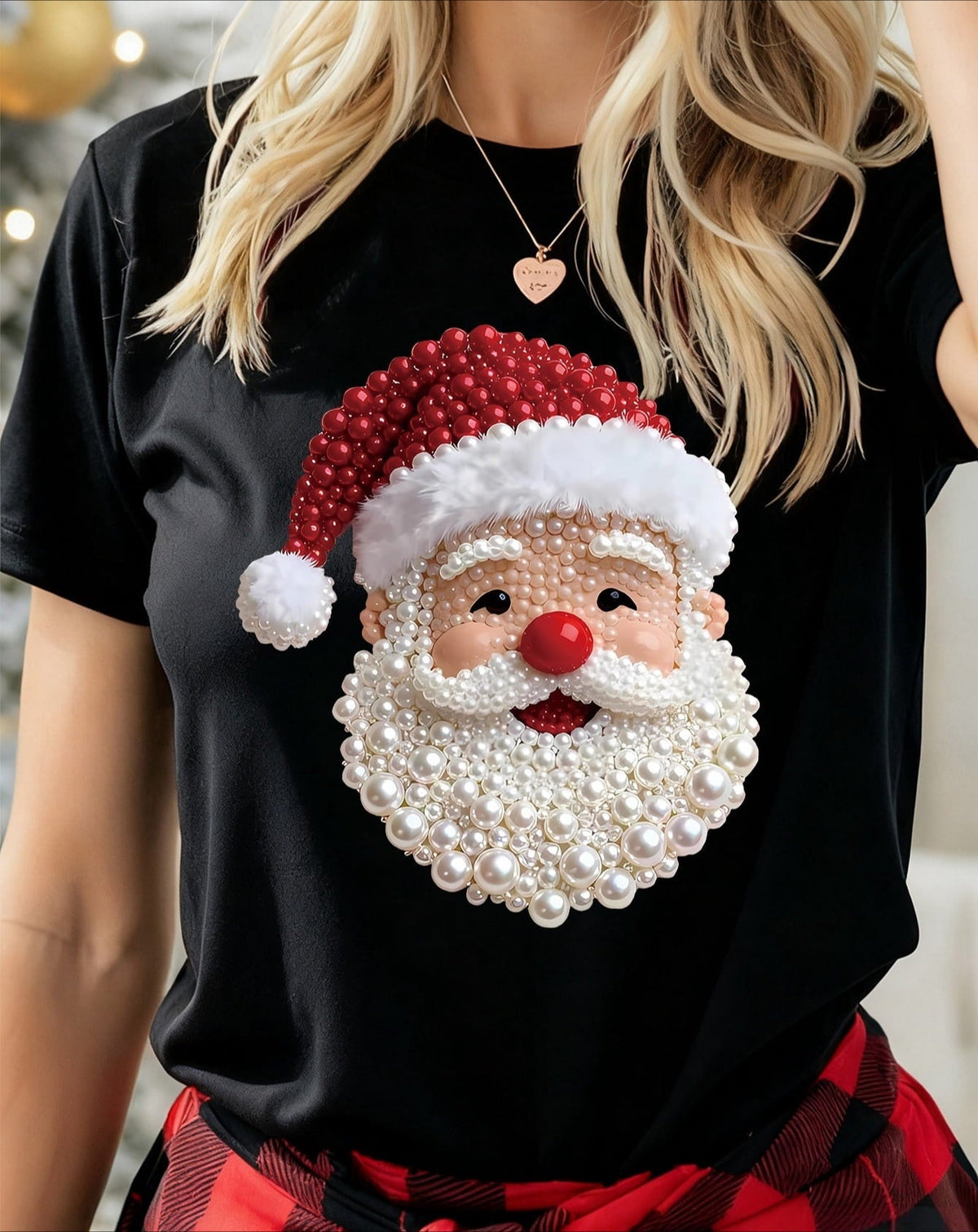 Women's Faux Pearl‑Effect Santa Claus Graphic Crew‑Neck Short‑Sleeve T‑Shirt, Printed Imitation Beaded Santa Holiday Casual Top for Christmas Party S‑5XL