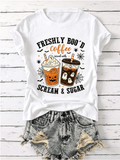 Women's Freshly Boo'd Coffee T‑Shirt Funny Halloween Ghost Pumpkin Iced Coffee Lover Short Sleeve Fall Autumn Casual Tee Top