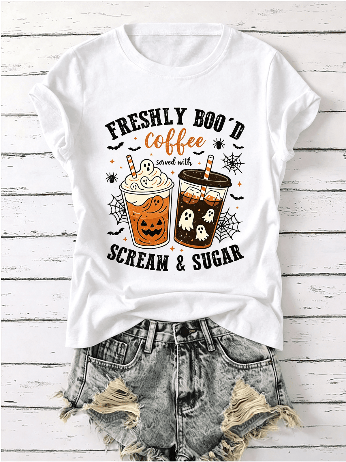 Women's Freshly Boo'd Coffee T‑Shirt Funny Halloween Ghost Pumpkin Iced Coffee Lover Short Sleeve Fall Autumn Casual Tee Top