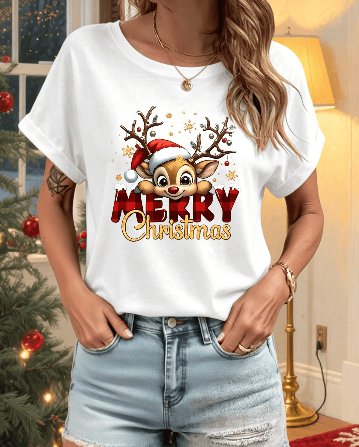Women's Merry Christmas Cute Reindeer Graphic Crew‑Neck T‑Shirt, Festive Letter Print Short‑Sleeve Casual Holiday Top for Christmas Party