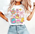 Women's Teacher Graphic Crew‑Neck T‑Shirt, Back To School Cute Stationery Apple Bow Daisy Print Short‑Sleeve Tee