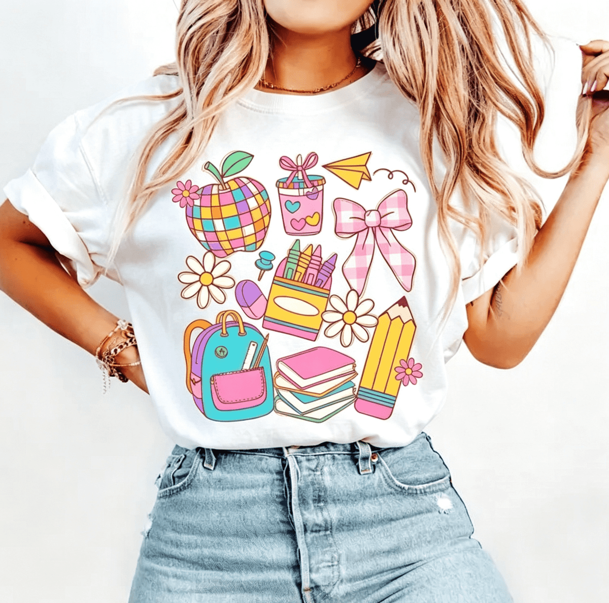 Women's Teacher Graphic Crew‑Neck T‑Shirt, Back To School Cute Stationery Apple Bow Daisy Print Short‑Sleeve Tee