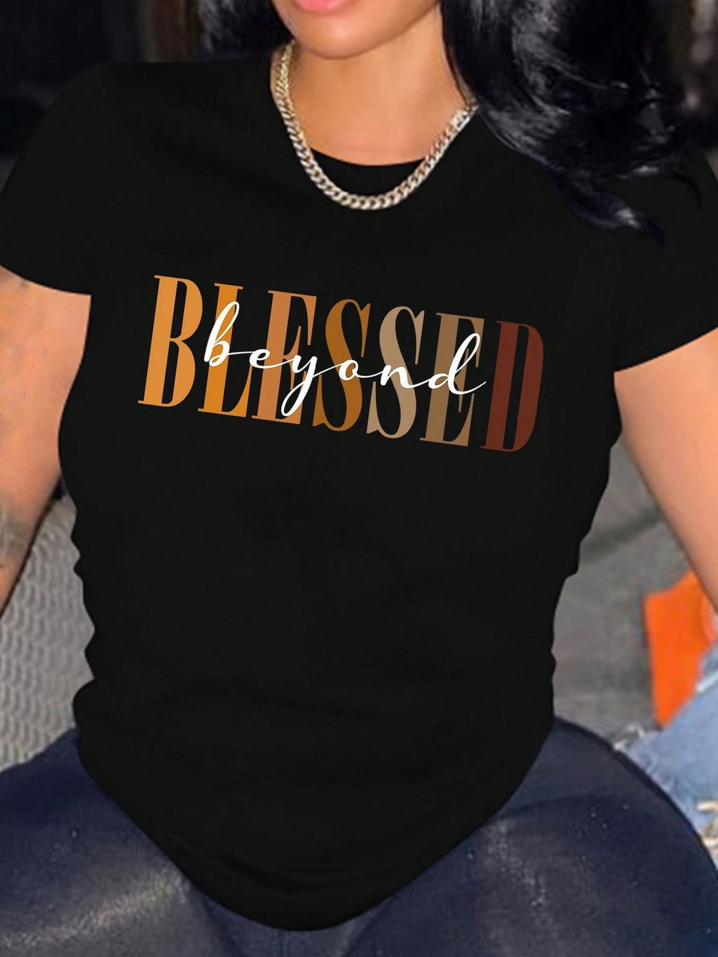 Women's short-sleeved T-shirt featuring the text "Blessed Beyond Black Women"