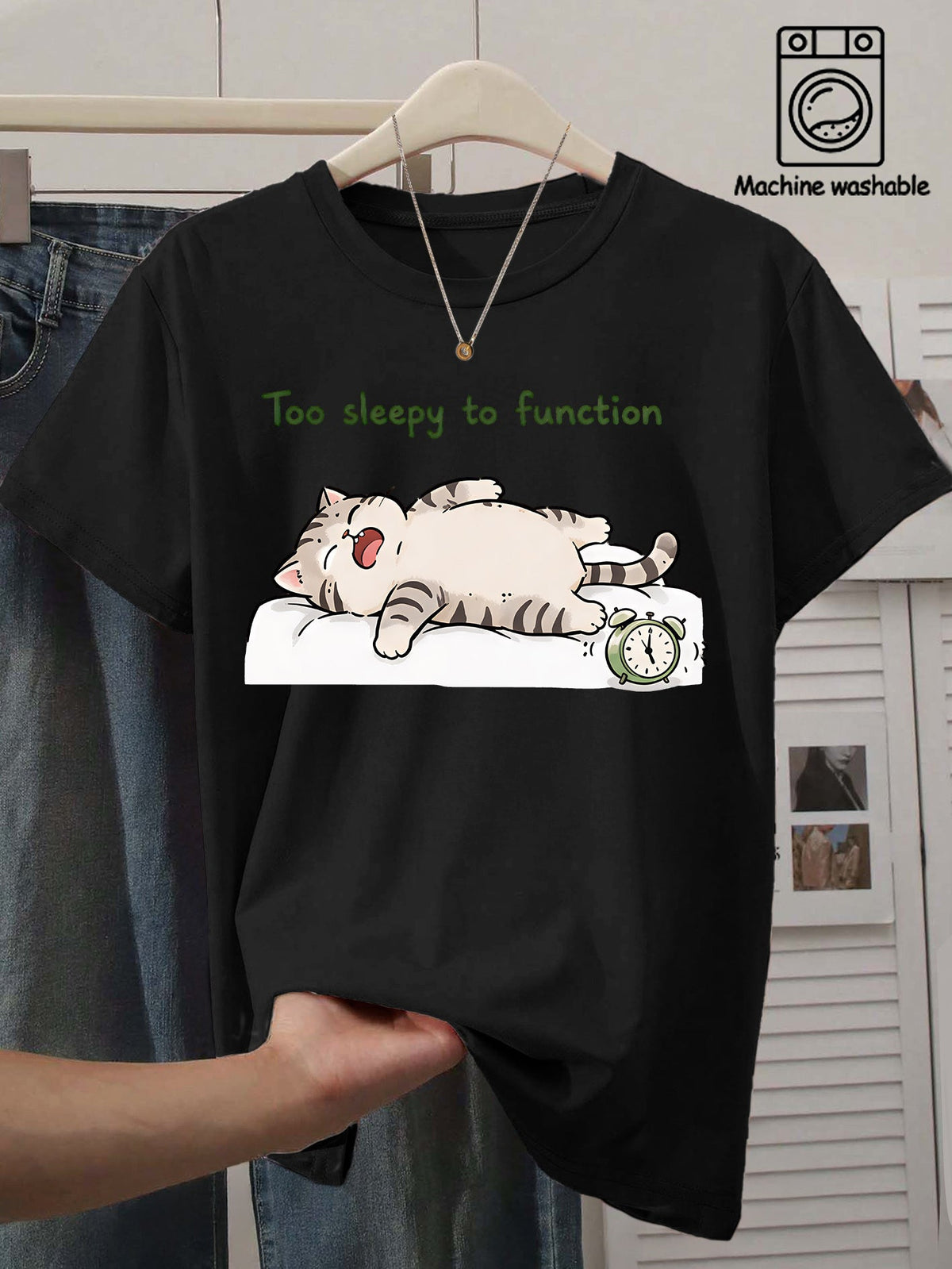 Too Sleepy To Function T-Shirt Funny Lazy Cat Sleeping With Alarm Clock Graphic Short Sleeve Tee