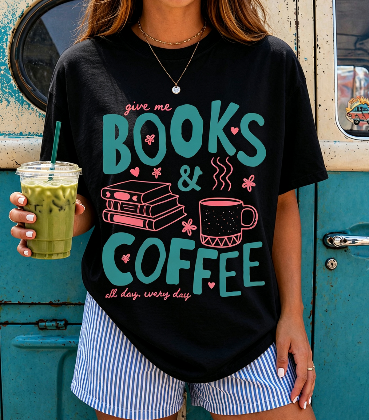 Books and Coffee Graphic T‑Shirt, Cute Book Lover Reading Short‑Sleeve Tee for Women，Casual Women Clothing