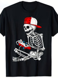 Gamer Graphic Tee, Skeleton With Game Controller Print Casual Short Sleeve T‑Shirt for Men Women