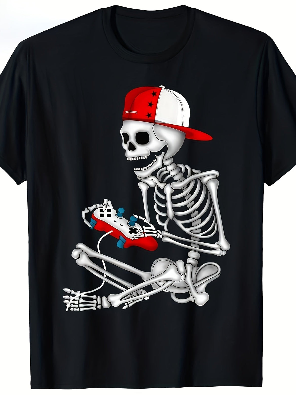 Gamer Graphic Tee, Skeleton With Game Controller Print Casual Short Sleeve T‑Shirt for Men Women