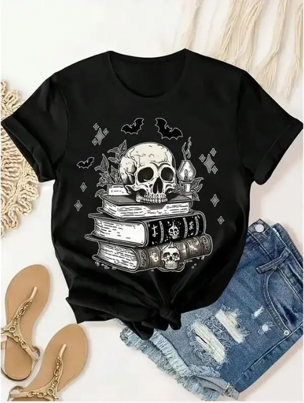 Gothic Skull Books Bats Graphic T-Shirt, Dark Academia Witchy Tee