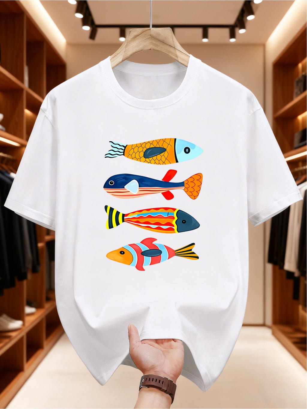 Colorful Fish Design Vibrant Print Art Crew Neck Summer T-Shirt Aquatic T-Shirt Casual Outings T-shirts