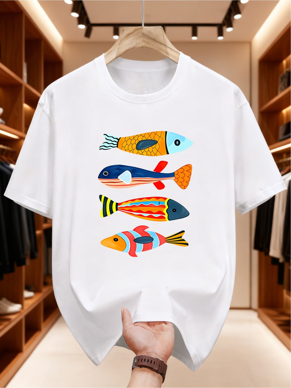 Colorful Fish Design Vibrant Print Art Crew Neck Summer T-Shirt Aquatic T-Shirt Casual Outings T-shirts