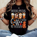 Hocus Pocus I Need Coffee To Focus Print, T-Shirt, Halloween Autumn Pumpkin Spice Theme, Casual Fall Season Wear