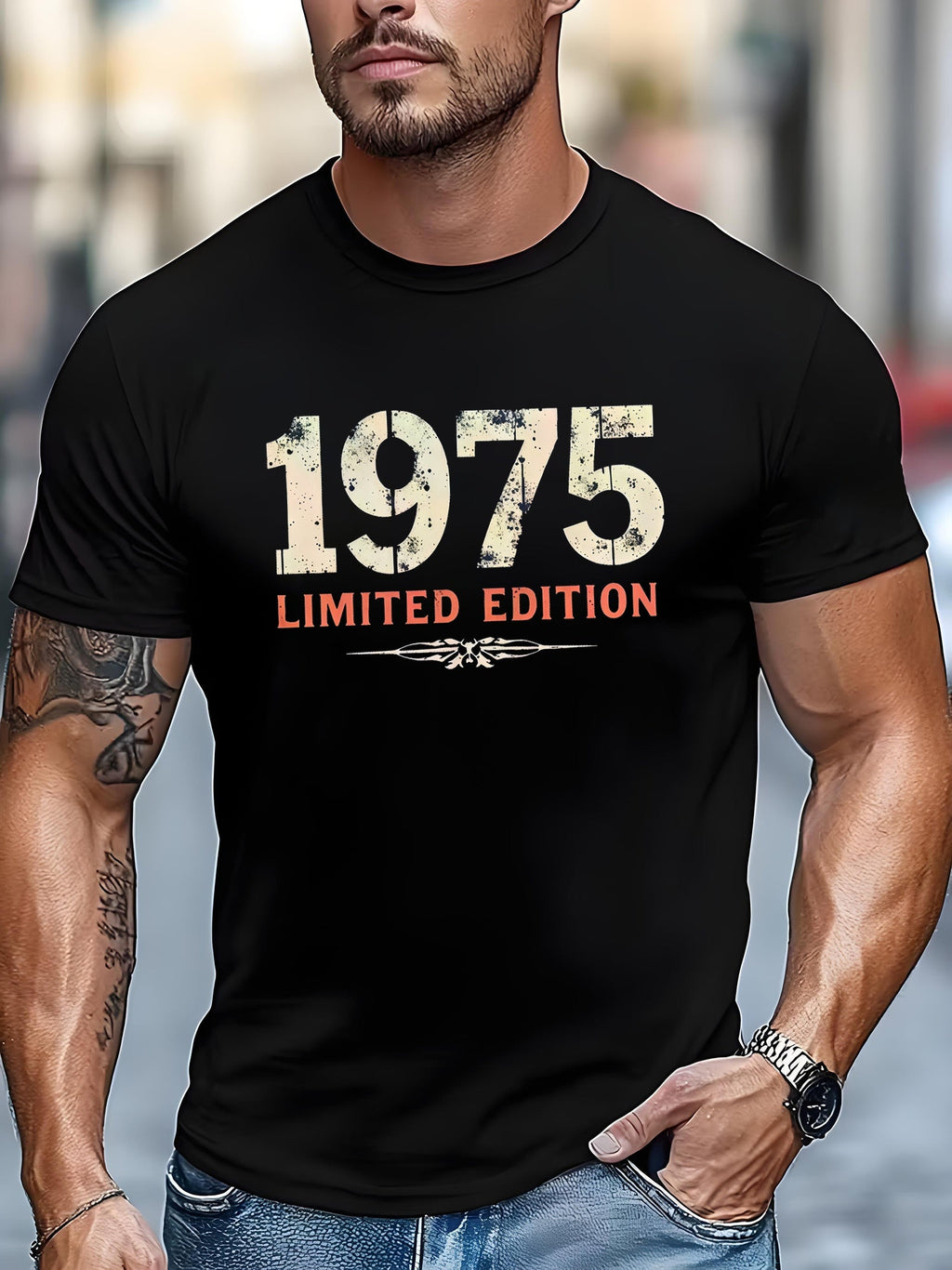 Men’s Vintage “1975 Limited Edition” Letter Print Graphic T‑Shirt, Retro Short‑Sleeve Crewneck Tee，Men Tshirts
