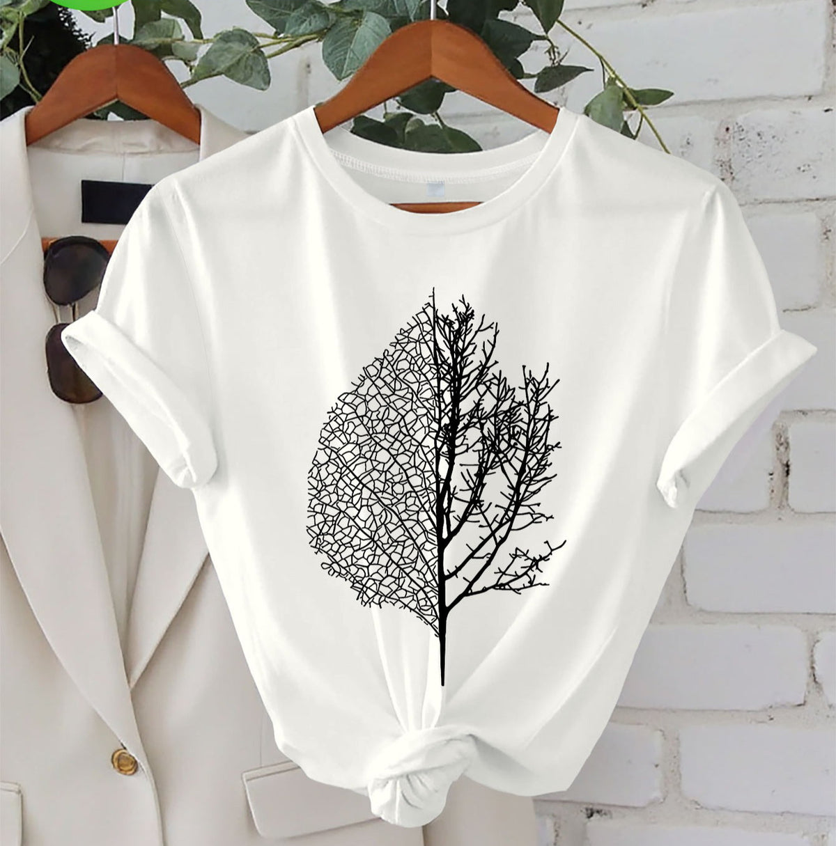 Tree and Leaf Fusion Graphic T‑Shirt, Women’s Casual Round Neck Short‑Sleeve Top Nature Inspired Women Clothing
