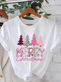 Women Merry Christmas T‑Shirt, Pink Leopard Plaid Christmas Tree Print Holiday Casual Short Sleeve Tee