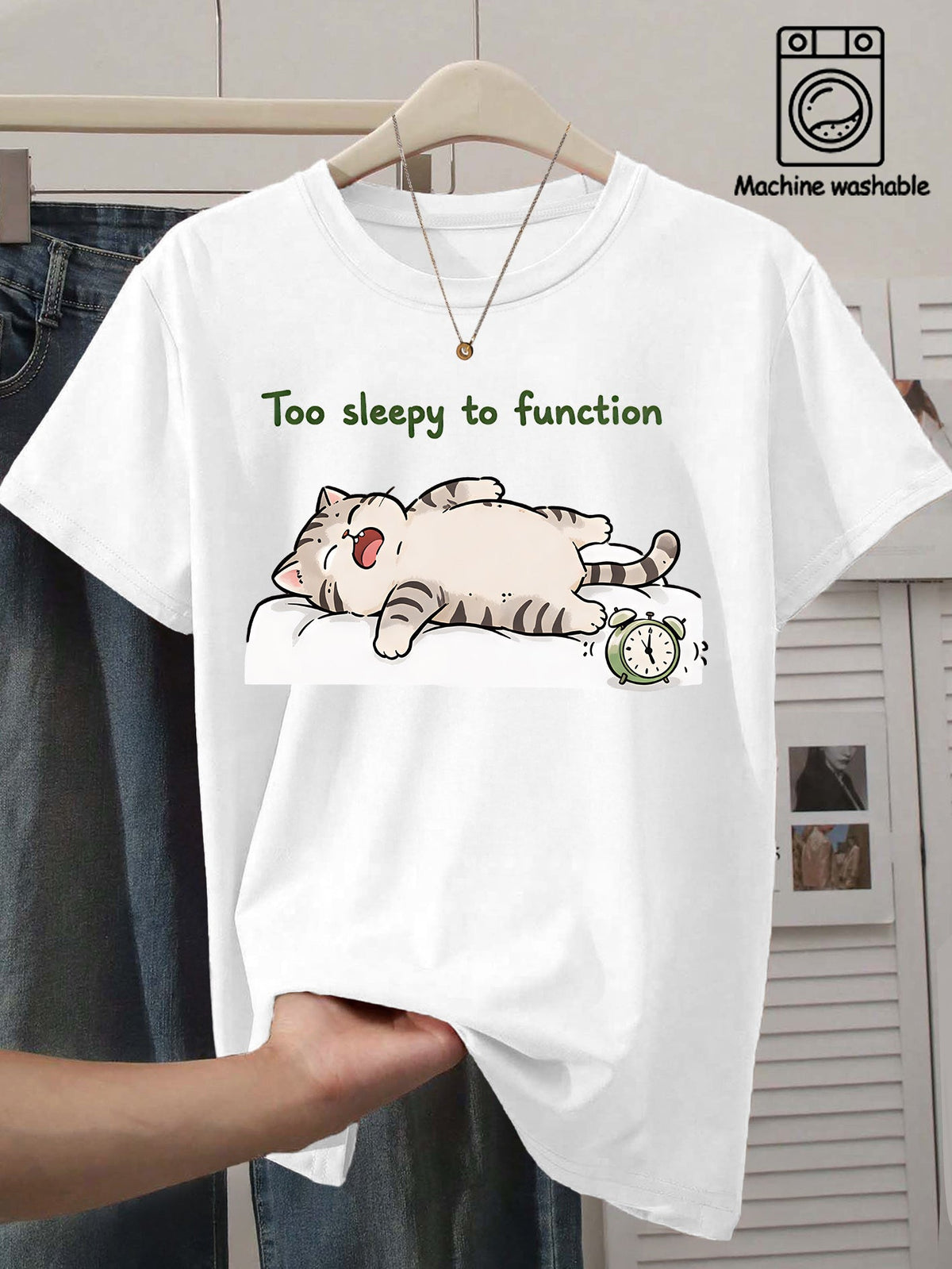 Too Sleepy To Function T-Shirt Funny Lazy Cat Sleeping With Alarm Clock Graphic Short Sleeve Tee