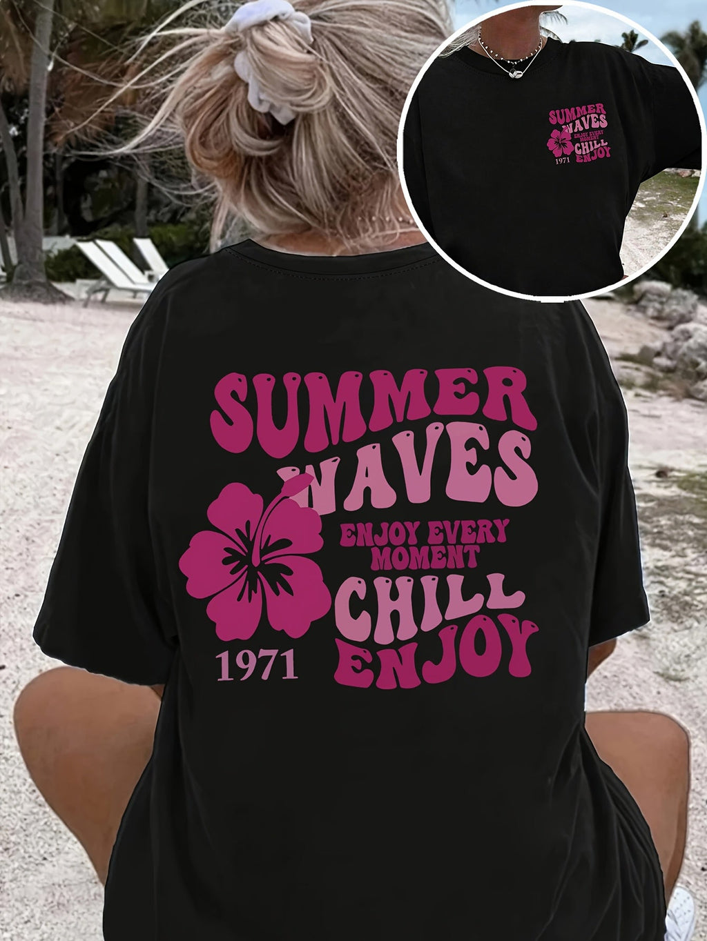 Women floral print T-shirt, casual crew-neck top, 2 sided print.