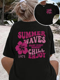 Women floral print T-shirt, casual crew-neck top, 2 sided print.