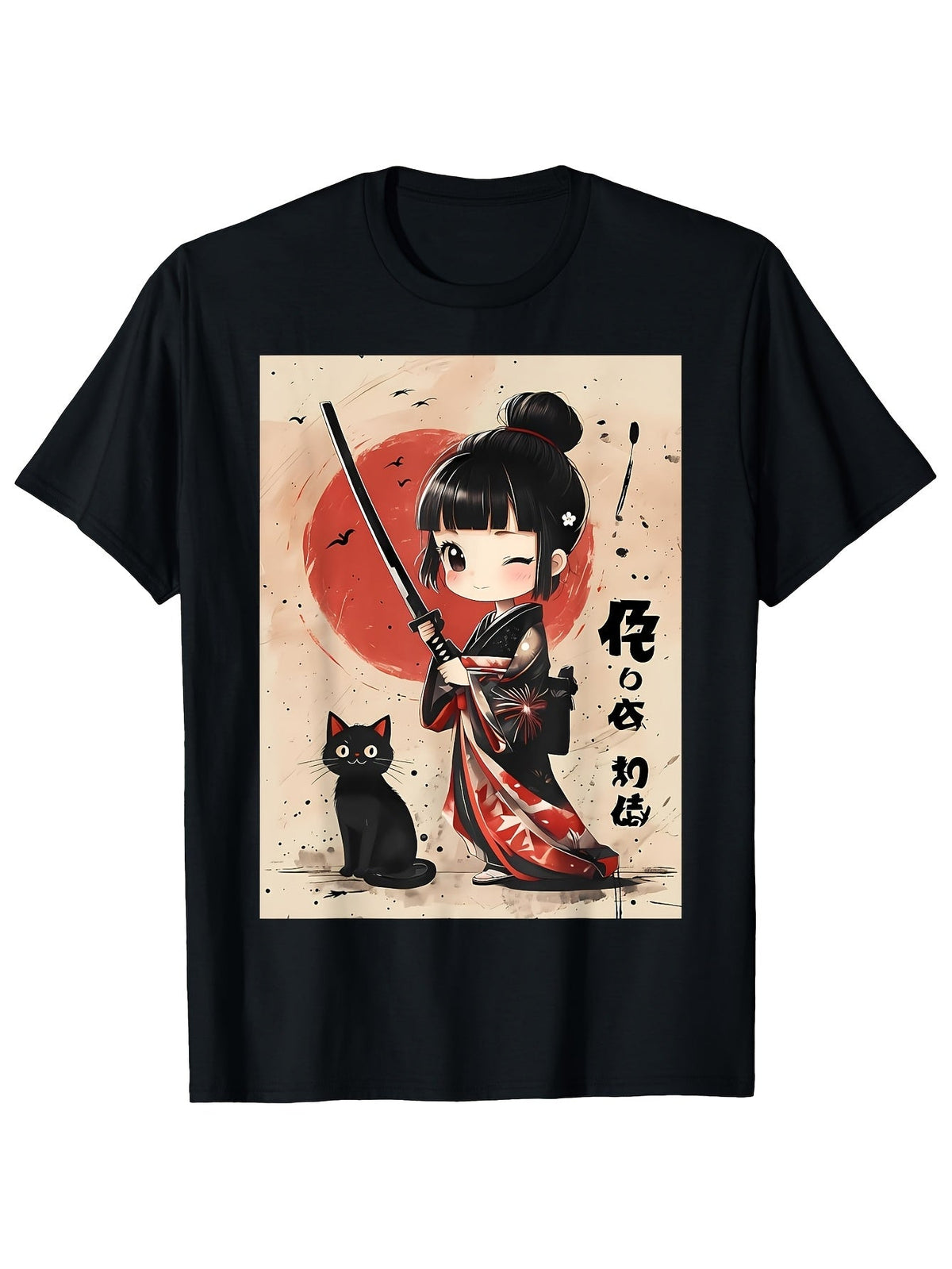 Men's Anime Samurai Girl & Katana Cat Graphic T Shirt Japanese Manga Tee