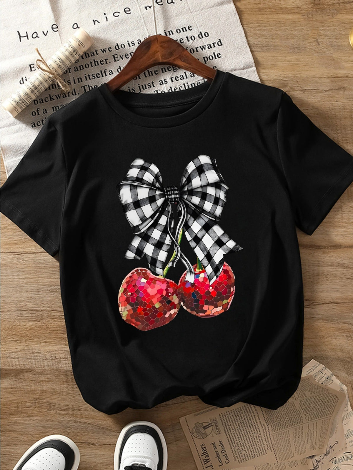 Retro Disco Cherry Bow Graphic T‑Shirt, Black White Gingham Bow Mosaic Cherry Cute Casual Short Sleeve Tee
