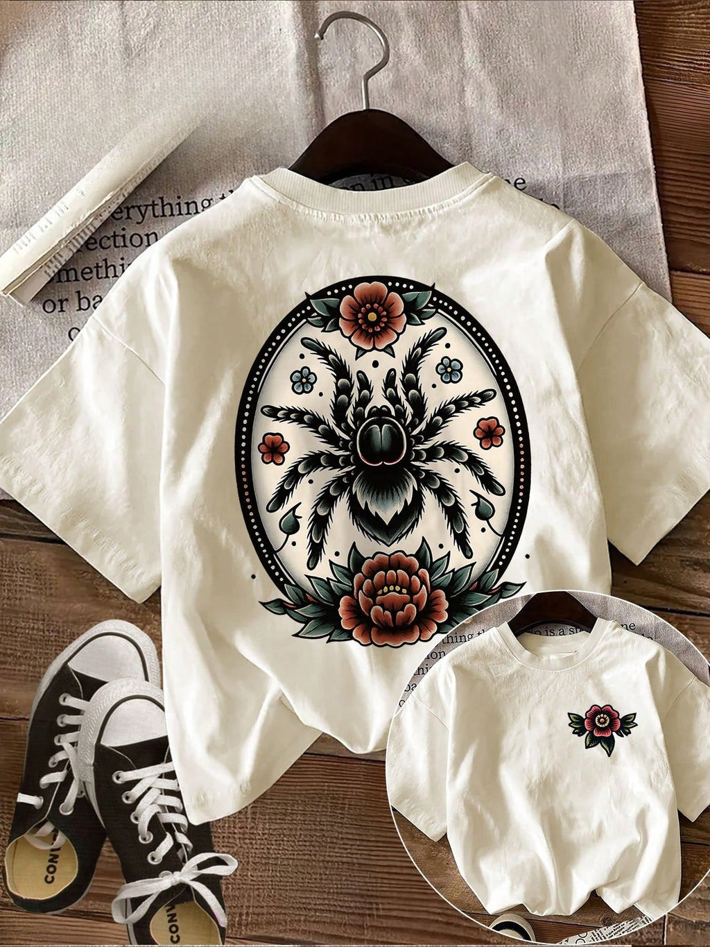 This Is A Spider Short Sleeved T-Shirt With A Traditional American Tattoo Style, Taking The Retro Dark Cool Route,Casual Women's T-Shirt
