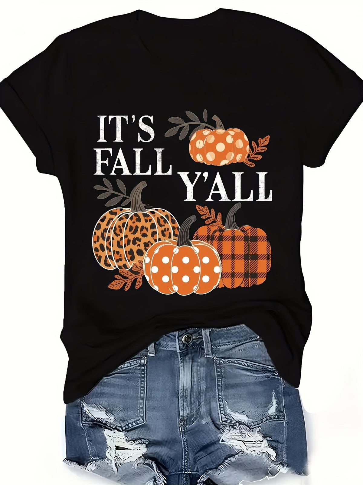 Women's It's Fall Y'all Graphic T-Shirt, Leopard Plaid Polka Dot Pumpkin Autumn Short Sleeve Crew Neck Tee for Thanksgiving Halloween