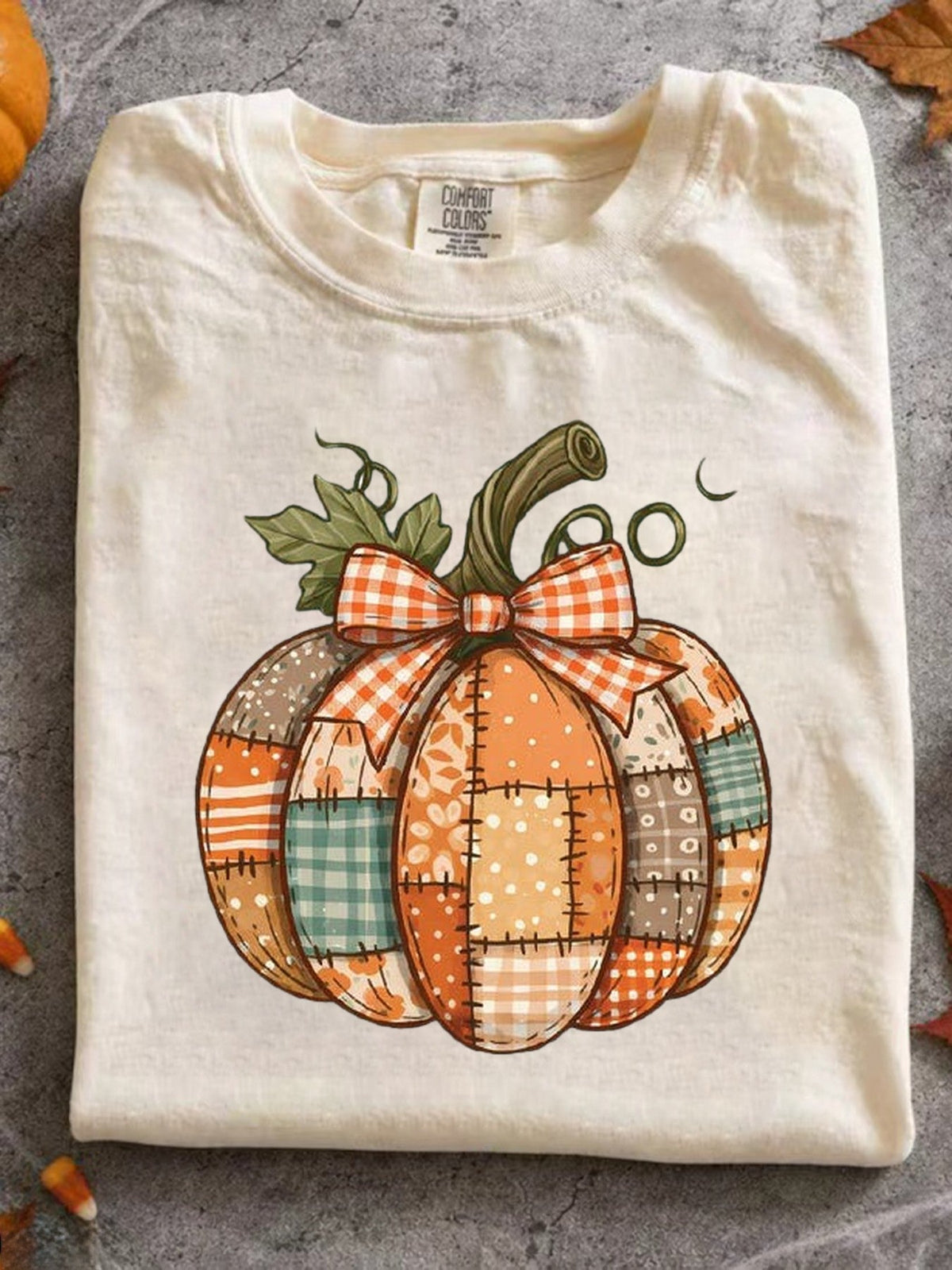 Patchwork Pumpkin Shirt Pumpkin Patchwork with Bow Shirt Pumpkin Season Thanksgiving Pumpkin Shirt Rustic Farmhouse Fall Season Shirt
