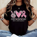 Peace Love Cure Breast Cancer Awareness Print T Shirt White Casual Loose Fit For Everyday Wear And Light Activities