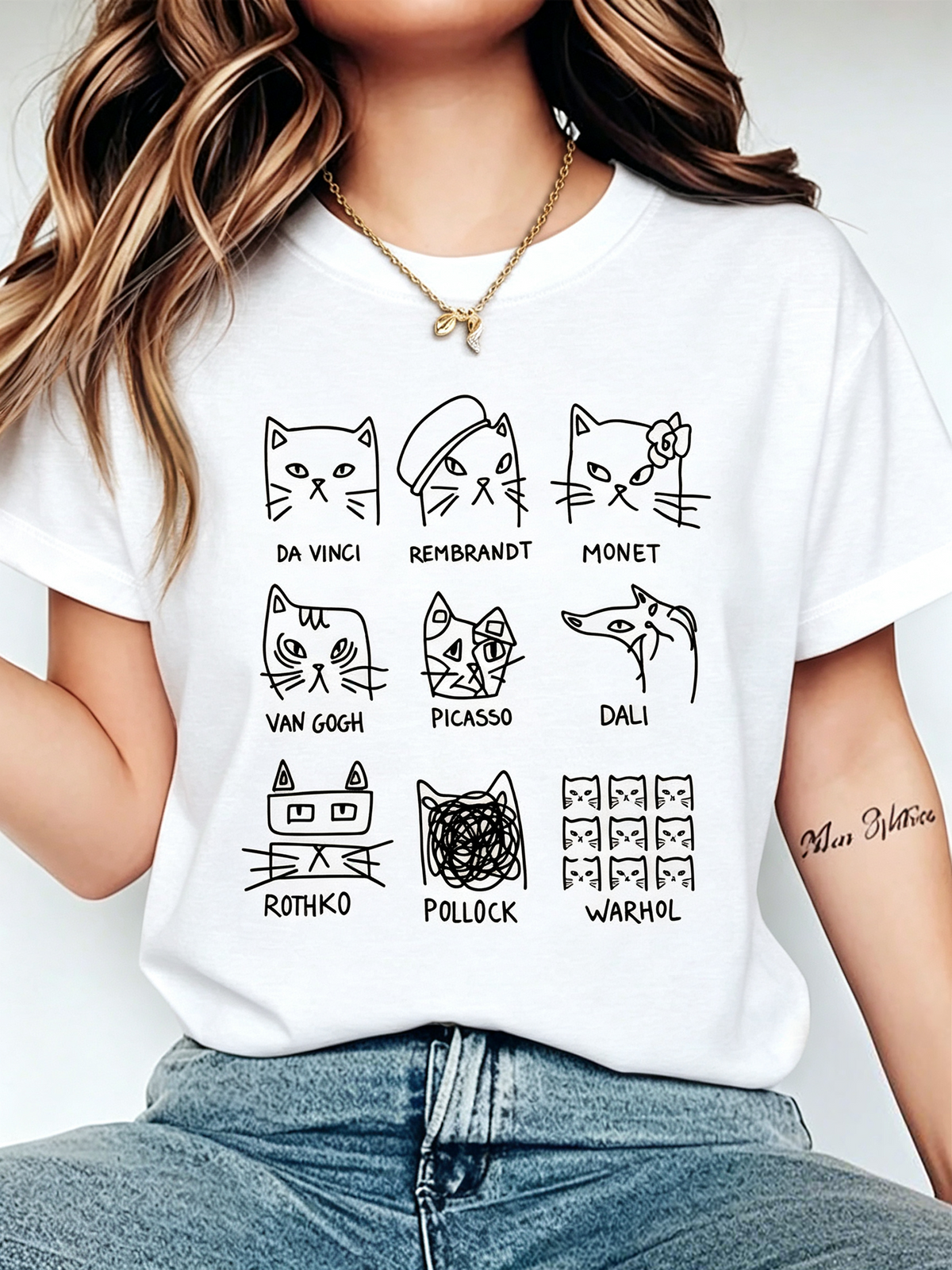 Famous Artist Cats Funny Graphic T‑Shirt, Art Lover Painter Kitten Casual Short Sleeve Tee for Women