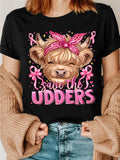Women's Save The Udders T-Shirt Cute Highland Cow Pink Ribbon Breast Cancer Awareness Leopard Bow Graphic Short Sleeve Tee