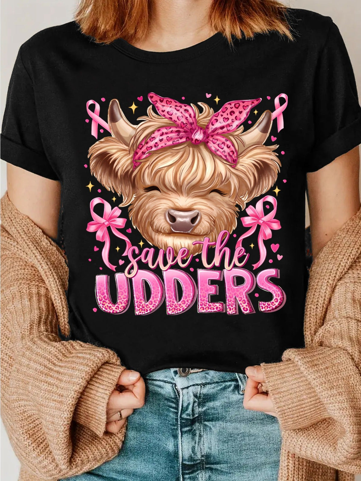 Women's Save The Udders T-Shirt Cute Highland Cow Pink Ribbon Breast Cancer Awareness Leopard Bow Graphic Short Sleeve Tee
