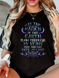 May The Magick Of This Earth Flow Through My Veins T‑Shirt, Witchy Mystical Moon Pentagram Graphic Tee, Women Casual Fall Short Sleeve Top