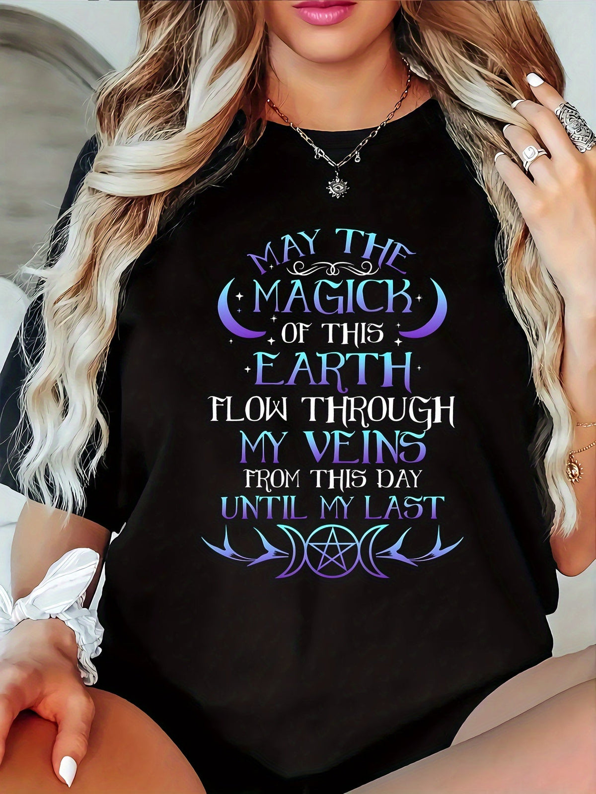 May The Magick Of This Earth Flow Through My Veins T‑Shirt, Witchy Mystical Moon Pentagram Graphic Tee, Women Casual Fall Short Sleeve Top