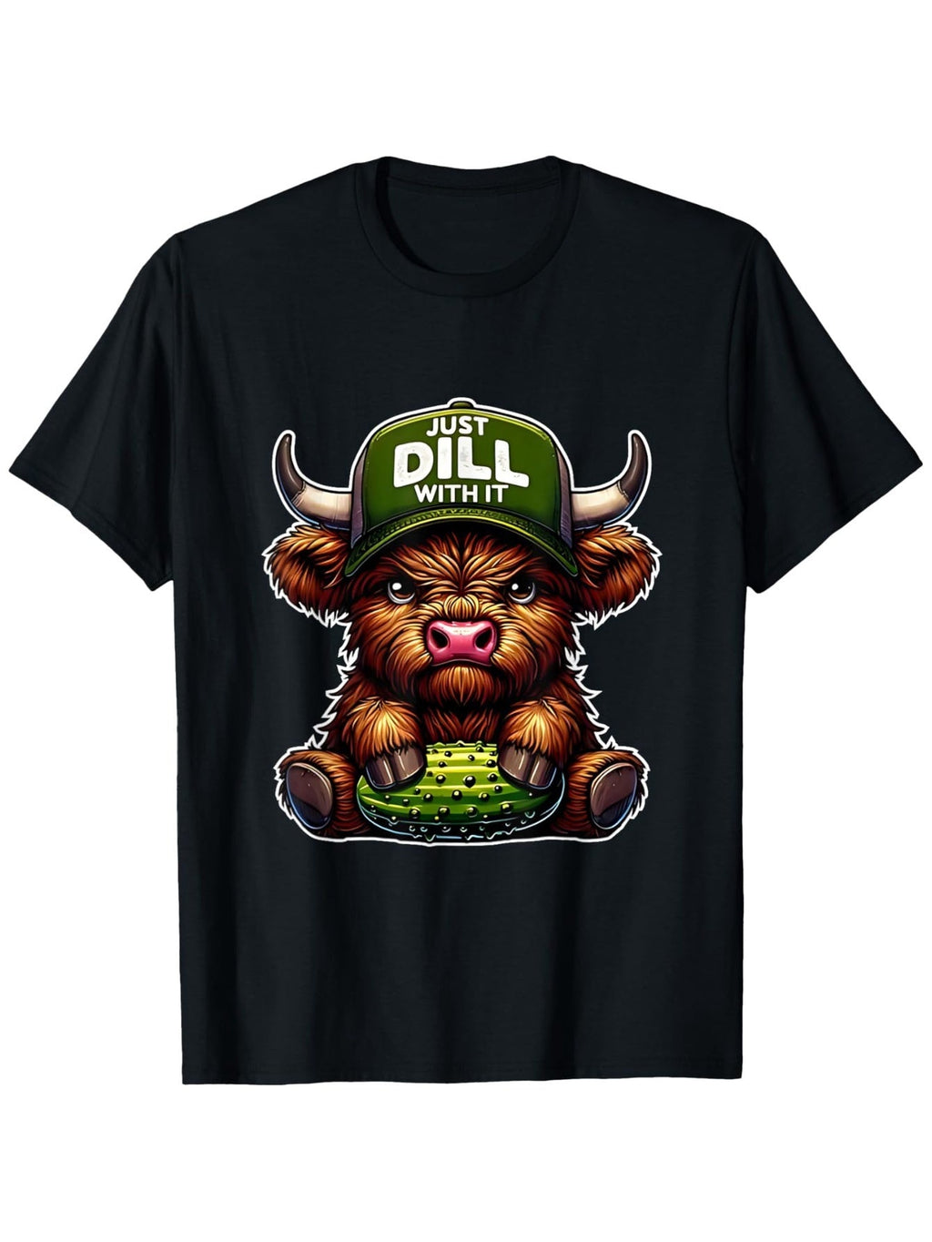 Daily Comfort Apparel Funny 'Just Dill with It' Highland Cow & Pickle Hat Graphic T-Shirt