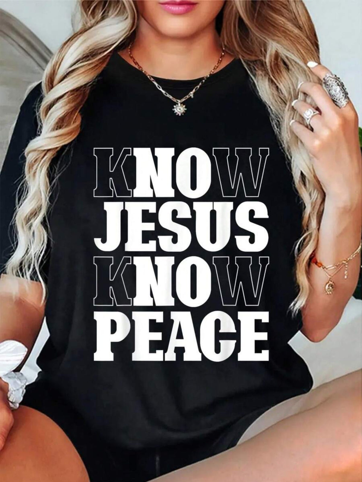 Faith Based Religious T‑Shirt for Women, Know Jesus Know Peace Inspirational Statement Casual Fashion Short Sleeve Top