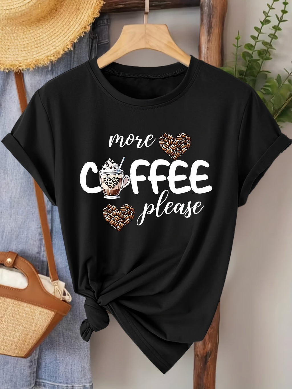 Women's More Coffee Please Graphic Crew-Neck T-Shirt, Coffee Lover Print Short-Sleeve Tee, Casual Elegant Retro Top for Commute Vacation Spring Summer