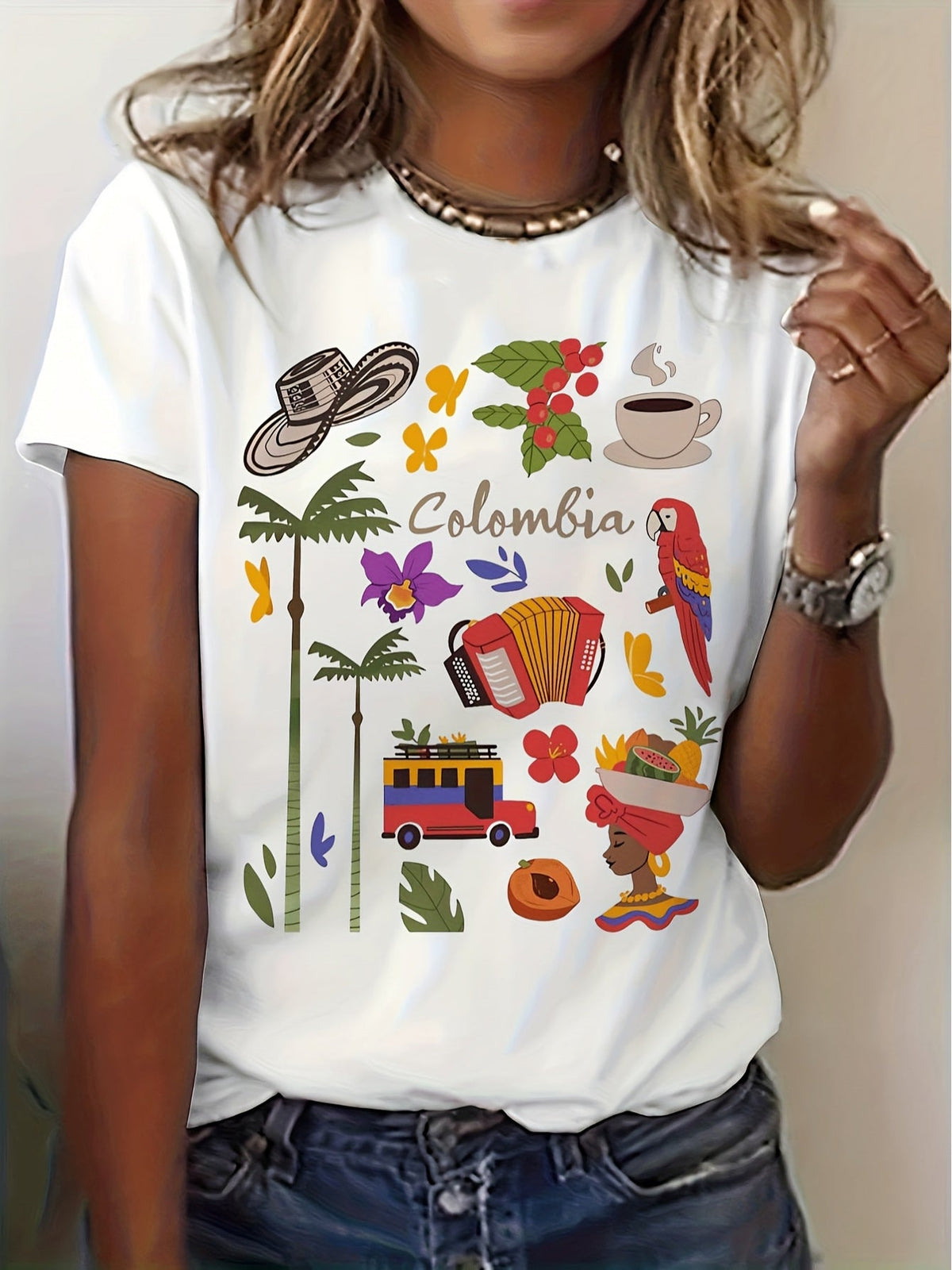 Vibrant Colombia Graphic T‑Shirt, Traditional Colombian Culture Parrot Coffee Palm Tree Folk Print Women Casual Short Sleeve Tee