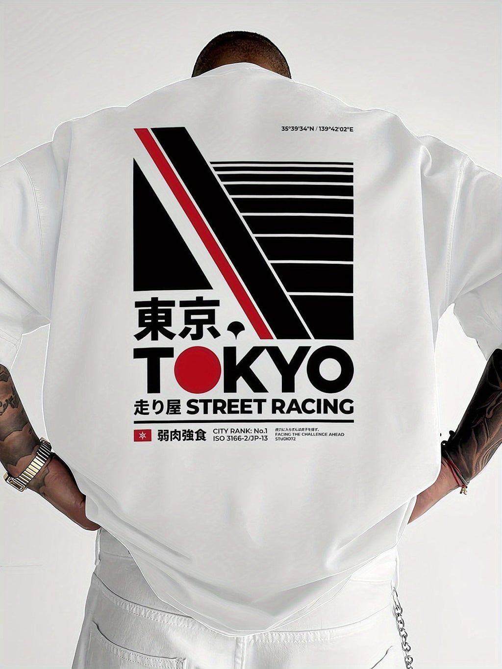 Men's Tokyo Street Racing Back‑Print Graphic T‑Shirt, Japanese Urban Geometric Design, Crew Neck Short Sleeve Casual Top for Spring Summer Men Tshirts