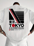 Men's Tokyo Street Racing Back‑Print Graphic T‑Shirt, Japanese Urban Geometric Design, Crew Neck Short Sleeve Casual Top for Spring Summer Men Tshirts