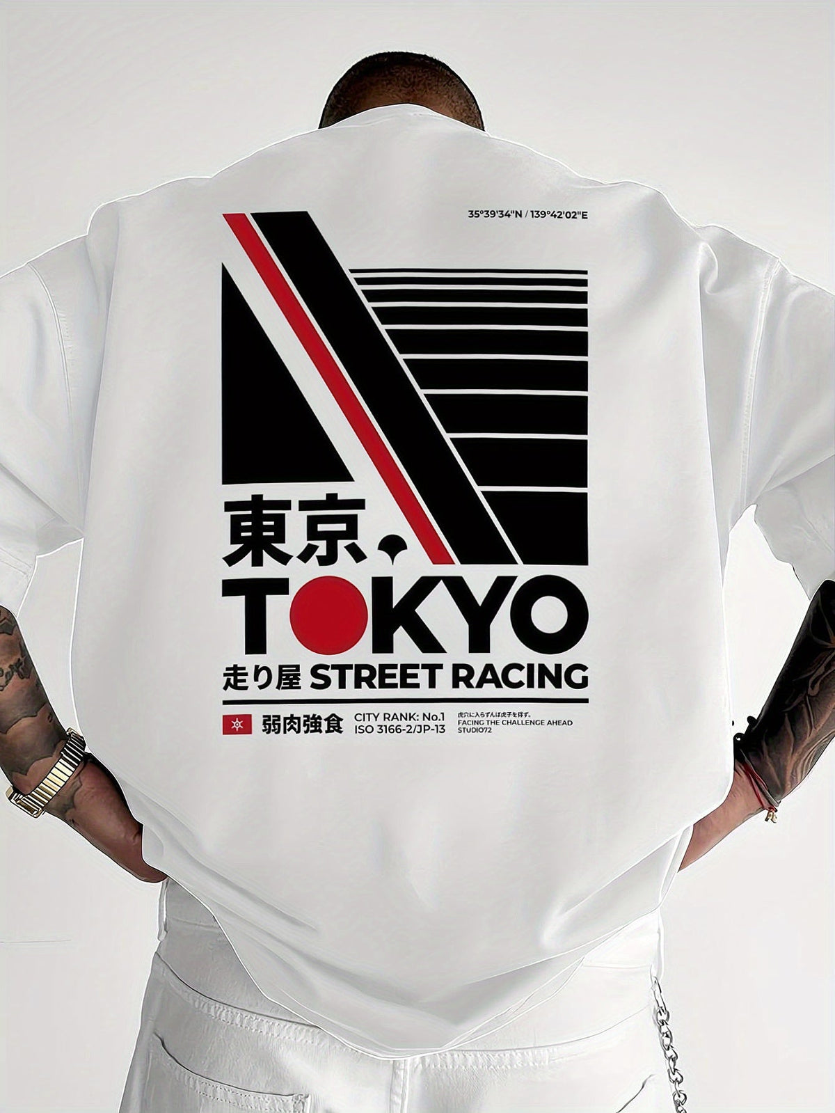 Men's Tokyo Street Racing Back‑Print Graphic T‑Shirt, Japanese Urban Geometric Design, Crew Neck Short Sleeve Casual Top for Spring Summer Men Tshirts