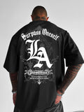 Men's LA Letter Graphic Crew-Neck T-Shirt, Large Gothic Letter Back Print Short-Sleeve Tee, Loose Fit Breathable Casual Top for Summer Daily Wear