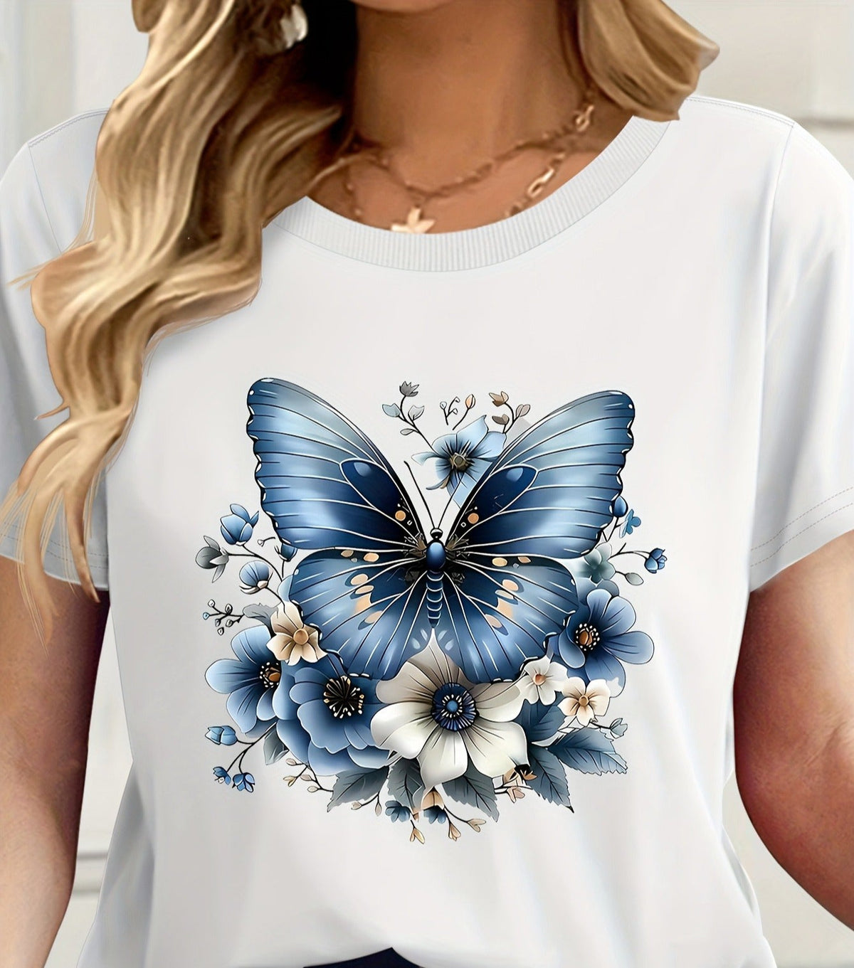 Women’s Floral Butterfly Graphic T‑Shirt, Women Short‑Sleeve Round Neck Summer Casual Tee，Women Clothing