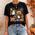 Floral Halloween Graphic T‑Shirt, Spooky Season Pumpkin Ghost Bat Short‑Sleeve Tee，Women Halloween Tshirts